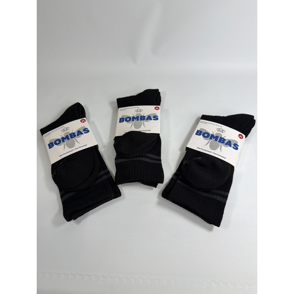 Bombas Cushion Crew Socks Lot of 3 Pack Medium M Black Grey Striped Stay Up Calf